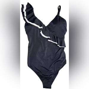 Sofia Vergara One Shoulder Ruffle Swimsuit Black White 1X NWOT